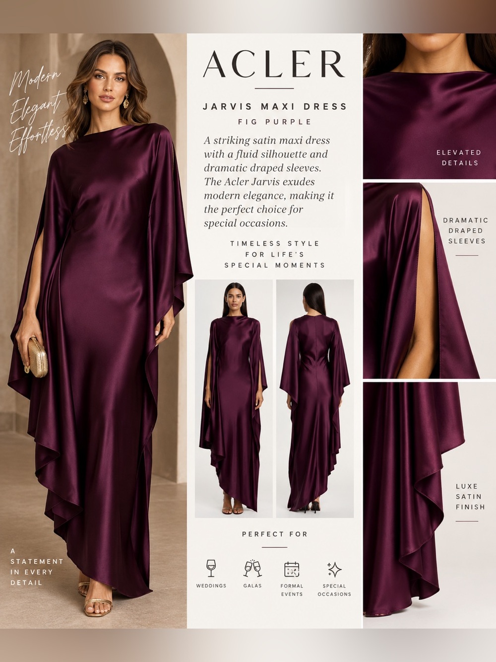 Acler Jarvis Fig Purple Satin Draped Sleeve Maxi Dress Size 10 NWOT